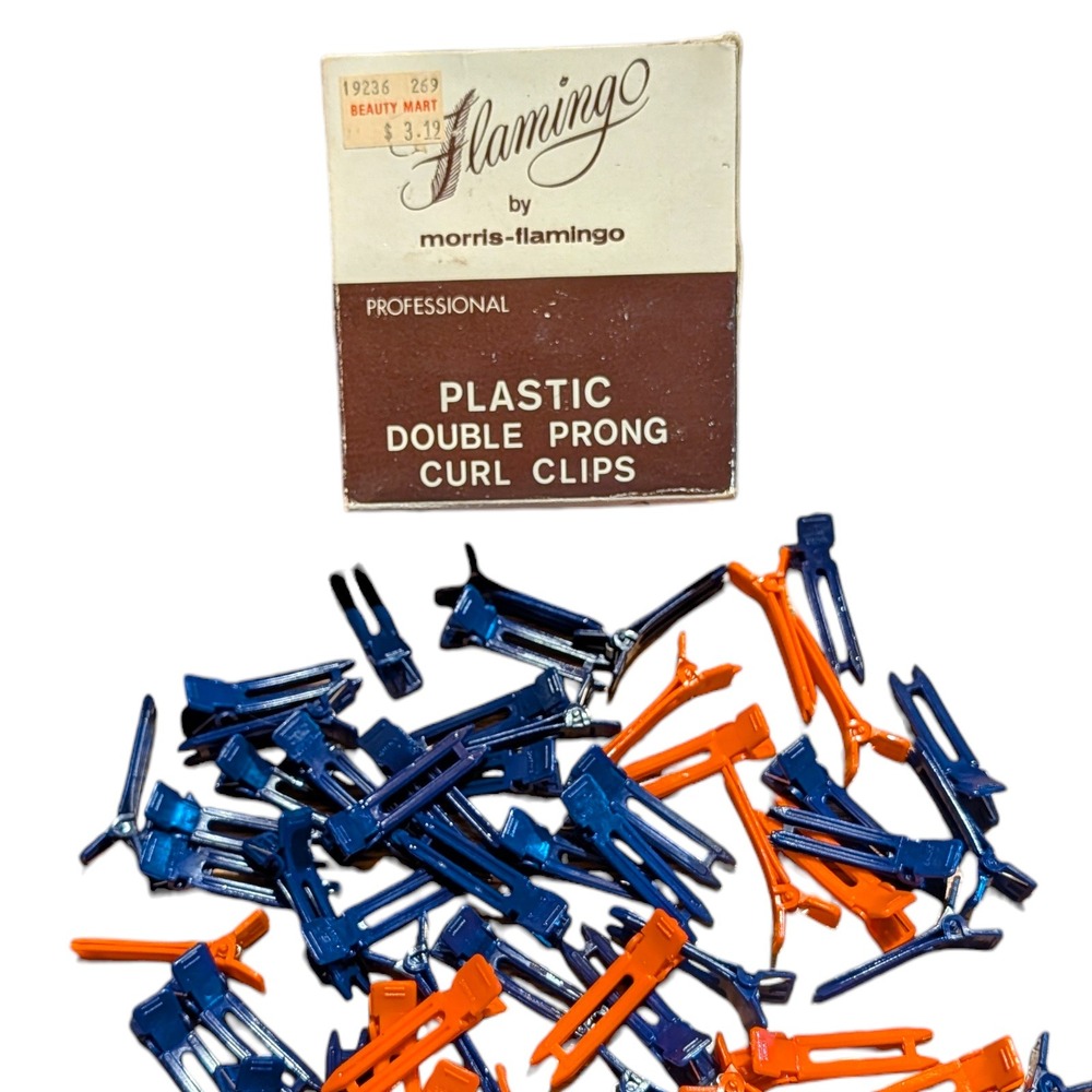 Flamingo Vintage Plastic Double Prong‎ Curl Clips 70 Ct Orange Blue #D7955